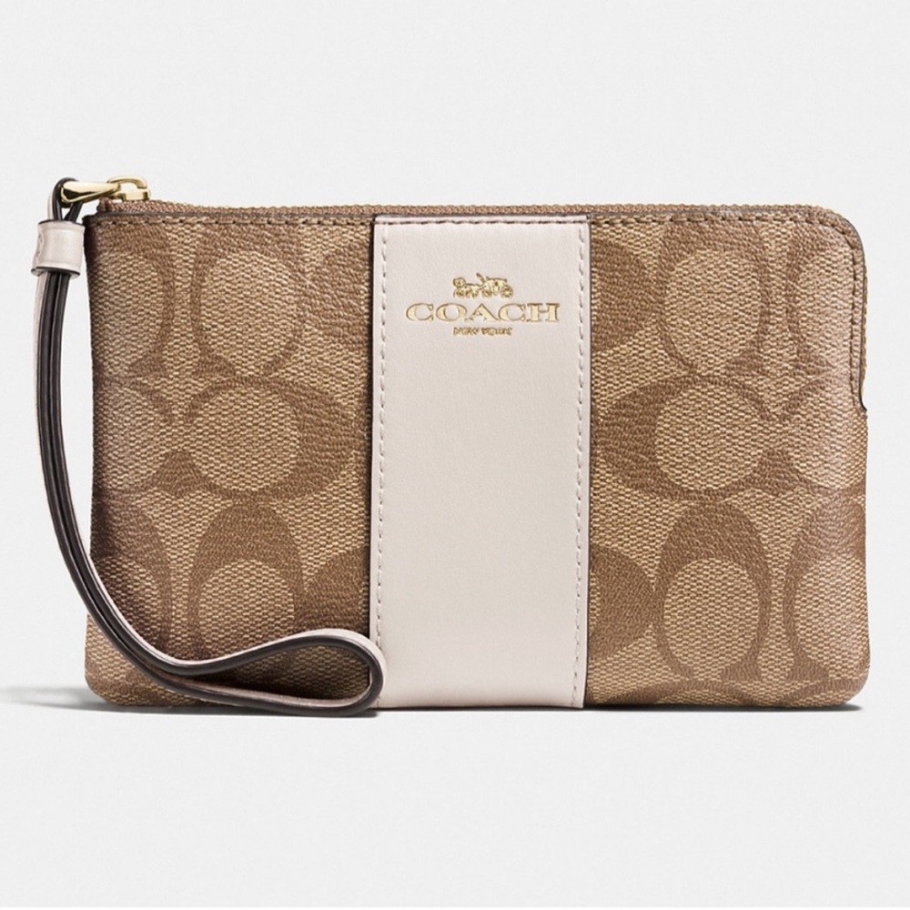 Coach Brown Chalk Cream Logo Zip Corner Wristlet Signature Canvas NWOT